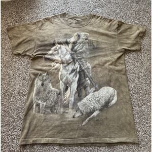 Vintage Mountain Shirt Mens L Brown Native American Wolf Art 2003 Tie Dye